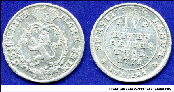 1/4 Thaler.
Hessen-Kassel.
Friedrich II (1760-1785).
Mintmaster Friedrich Ulrich, work in 1764-73.


Ag.