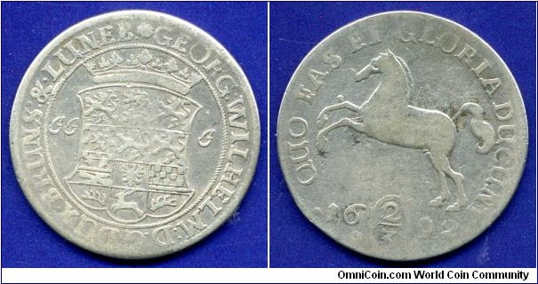 Gulden (2/3 Thaler).
Braunschweig-Lüneburg-Celle.
Georg Wilhelm (1665-1705).
*JJ J* - mintmaster Jobst Jacob Janisch in Celle (1687-1705).


Ag.
