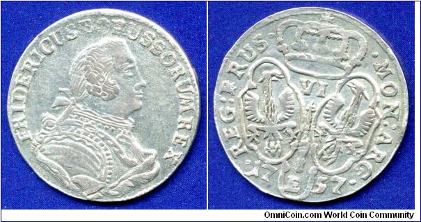 6 gröscher (Szostake).
Kingdom of Prussia.
Friedrich (1740-1786), Der Grosse.
*E* - Königsberg mint.


Ag270f. 3,20gr.