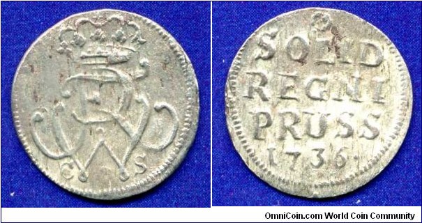 Solid.
Kingdom of Prussia.
Friedrich Wilhelm (1713-1740), Der Soldatenkönig.
*CS* - mintmaster Christian Schirmer, work in 1735-49.
Königsberg mint.


Bilon.