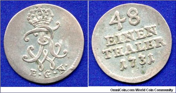 1/48 Thaler.
Kingdom of Prussia.
Friedrich Wilgelm (1713-1740), Der 
*EGN* - mintmaster Ernst Georg Neubauer, work in 1725-49.
Berlin mint.


Bilon.