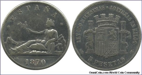 Spain 5 Pesetas 1870(70)