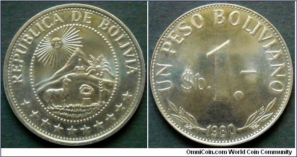 Bolivia 1 peso boliviano.
1980, Nickel clad steel.