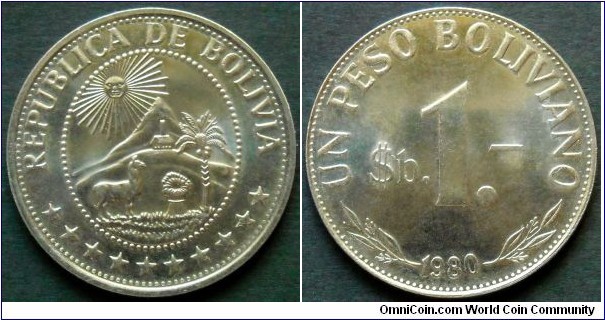 Bolivia 1 peso boliviano.
1980, Nickel clad steel.