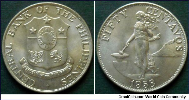 Philippines 50 centavos. 1958,
Cu-ni-zn.

