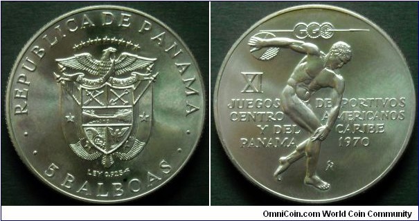Panama 5 balboas.
1970, 11th Central American and Caribbean Games.
Ag 925.
Weight; 35,7g.
Diameter; 38,5mm.
Design; Gilroy Roberts. Struck in Franklin Mint. 