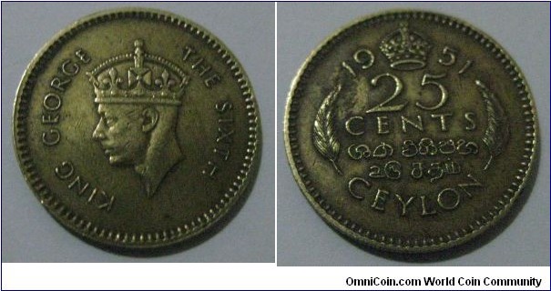 1951 British Ceylon Nickel Brass 25 Cents Coin. King George the Sixth.