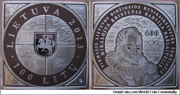 100 Litas - 400 ans of the first map of the grand duchy of Lithuania - 56.56 g Ag .925 Proof - mintage 4,000