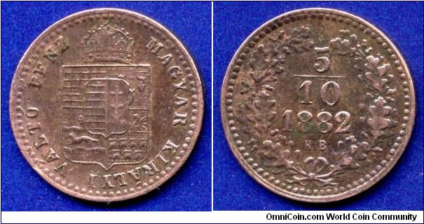 5/10 (1/2) kreuzer.
Austro-Hungary Empire.
Franc Ioseph I (1848-1916).
*KB* - Kremnitz mint.


Cu.