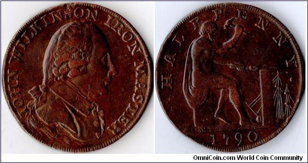 1790 1/2d conder token (Warwickshire).John Wilkinson Iron Master obv. Vulcan hammering an iron bar rev.