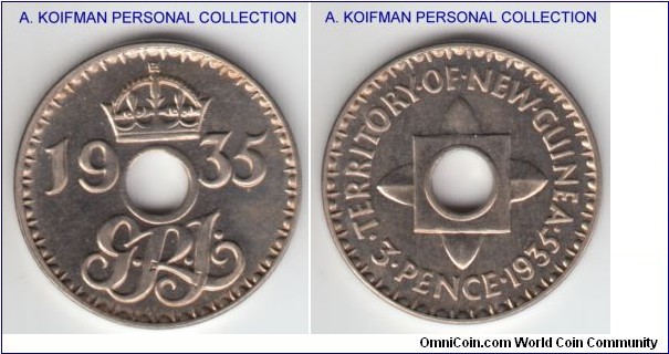 KM-3, 1935 New Guinea 3 pence; copper-nickel, plain edge; brilliant uncirculated proof like fields, very nice speciment.