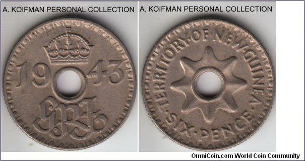 KM-9, 1943 New Guinea 6 pence; copper-nickel, reeded edge; uncirculated, one of the two years this denomination was issued with small mintage of just 130,000.