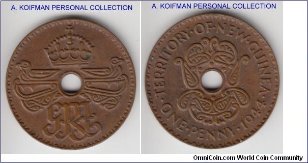 KM-7, 1944 New Guinea penny; bronze, plain edge; extra fine or so, brown.