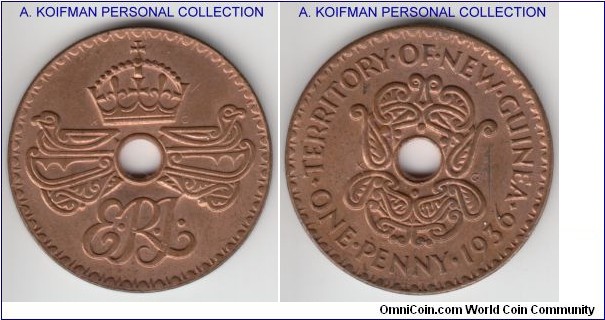 KM-6, 1936 New Guinea penny; Bronze, plain edge; Uncirculated or about red-brown.