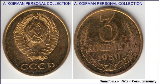Y#128a, 1980 Russia (USSR) 3 kopeks; aluminum-bronze, reeded edge; proof like specimen from set, toned and spotted.