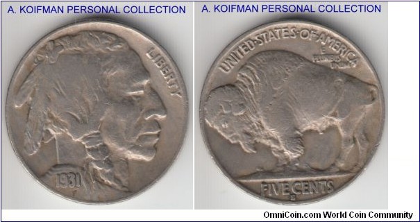 KM-134, 1931 United States of America 5 cents, San Francisco mint (S mint mark); copper-nickel, plain edge; very fine or so, scarcer year and mint with mintage of only 1,200,000 pieces.