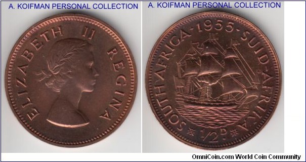 KM-45, 1955 South Africa half penny; bronze, plain edge, proof; red brown, mintage 2,850