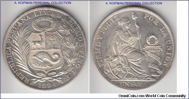 KM-196.26, 1894 Peru sol, TF; silver, reeded edge; nice lustrous piece.