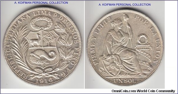 KM-196.27, 1916 Peru sol, FG; silver, reeded edge; uncirculated or almost, incuse variety.