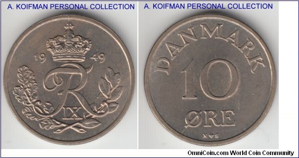 KM-841.1, 1949 Denmark 10 ore, Copenhagen mint (heart mintmark); copper-nickel, plain edge; higher quality uncirculated.