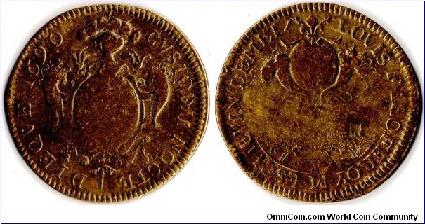 very scarce `city view' copper jeton issued in 1690 for Louis Jeoffroy, the Sherrif of Metz at that time.