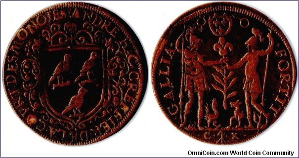 undated copper jeton minted in 1577 at Nuremberg for Andre Hac, registrar at the Cour Des Monnaies (Paris).