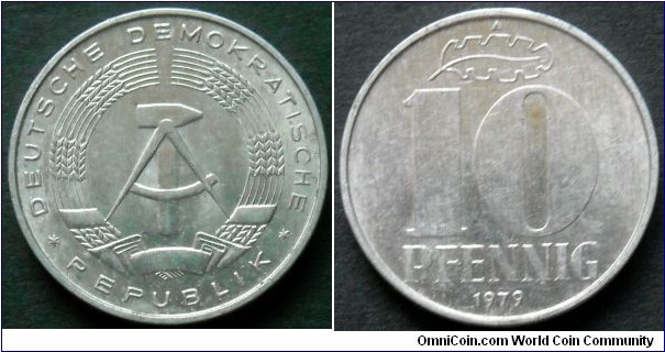 German Democratic Republic (East Germany) 10 pfennig.
1979, Al-mg.
Weight; 1,5g.
Diameter; 21mm.
Mint; Staatliche Münze Berlin (A)
Mintage: 54.665.050 pieces.