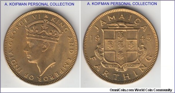 KM-30, 1945 Jamaica farthing; nickel-brass, plain edge; mostly red with a shadow of brown on obverse, bright uncirculated.