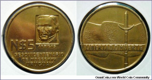 Uruguay 5 new pesos.
1975, 
Artigas commemorative.
