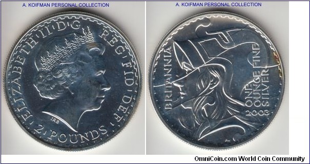 KM-1039, 2003 Great Britain 2 pounds; silver, reeded edge; Britannia series, uncirculated proof like toning spot on reverse, scarce mintage of 73,271 pieces.