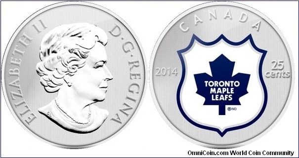 Canada, 25 cents, 2014 NHL Coin and Stamp Gift Set, Toronto Maple Leafs, coloured coin