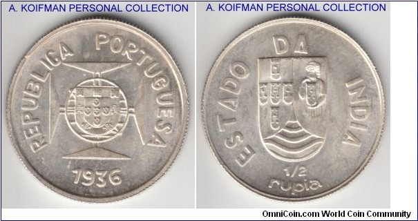 KM-23, 1936 Portuguese India 1/2 rupia; silver, reeded edge; small 100,000 mintage but relatively often found in high grade, this one is brilliant uncirculated with tiny flan defect on obverse.