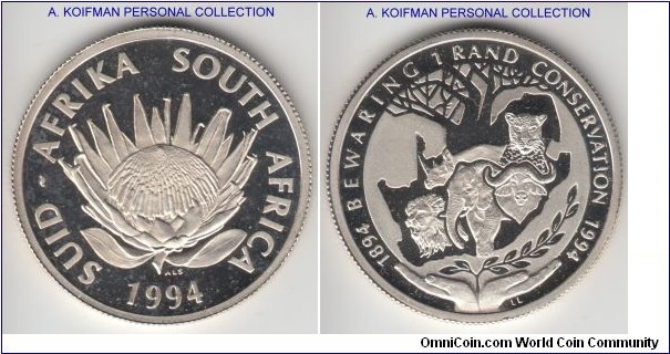 KM-167, 1994 South Africa rand; silver, reeded edge, proof; Protea series, some light toning, mintage 4,706 pieces.