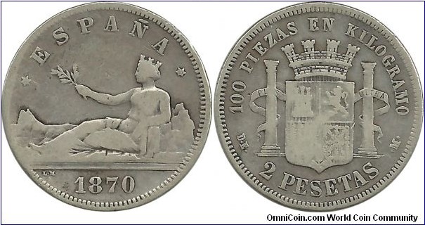 Spain 2 Pesetas 1870(73)