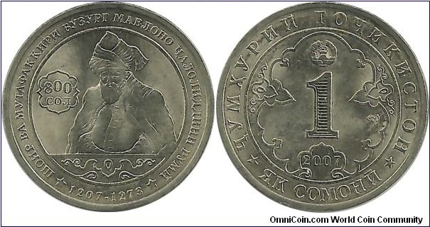 Tajikistan 1 Somoni 2007(spm) - Mawlana Jelaleddin Rumi