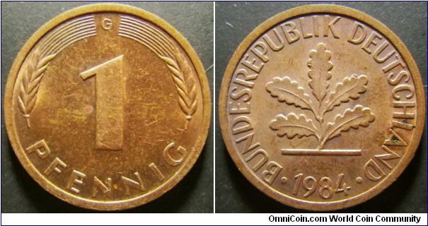 Germany 1984 1 pfennig, mintmark G. Weight: 1.99g. 
