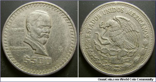 Mexico 1986 500 pesos. Weight: 12.57g. 