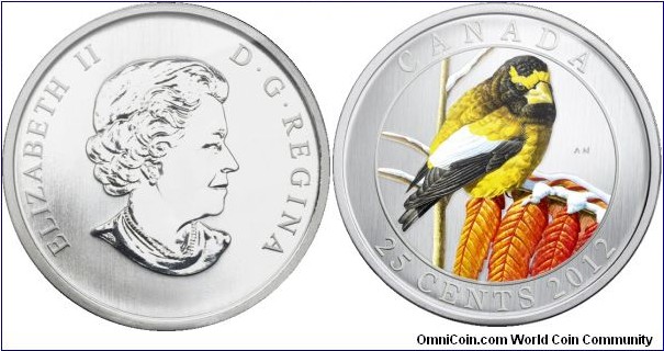 Canada,25 cents, 2012 Birds of Canada Series, Evening Grosbeak, Coloured Coin