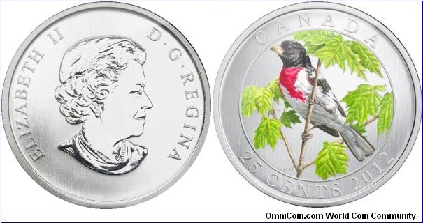 Canada, 25 cents, 2012 Birds of Canada Series, Rose-breasted Grosbeak, Coloured Coin