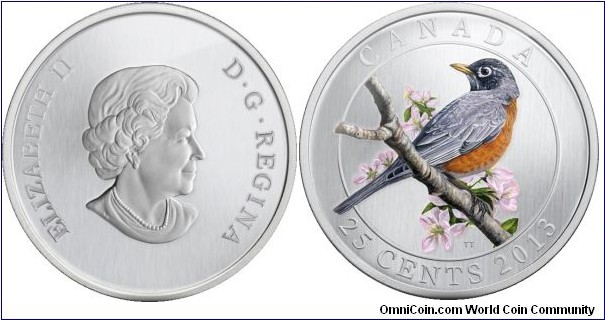 Canada, 25 cents, 2013 Birds of Canada Series, American Robin, Coloured Coin