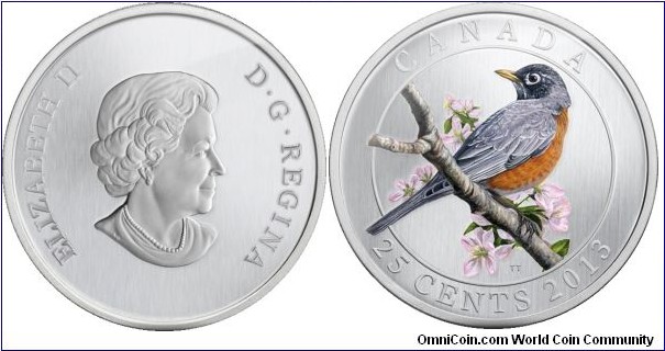 Canada, 25 cents, 2013 Birds of Canada Series, American Robin, Coloured Coin
