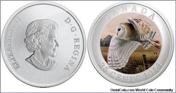 Canada, 25 cents, 2013 Birds of Canada Series, Barn Owl, Coloured Coin