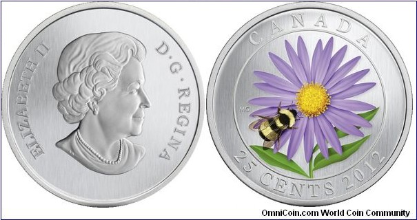 Canada, 25 cents, 2012 - Aster with Bumble Bee, Coloured Coin