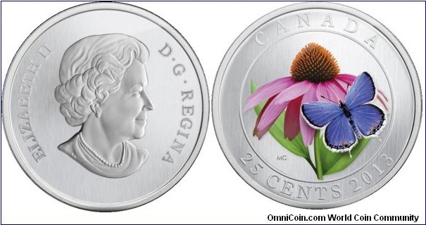 Canada, 25 cents, 2013 - Purple Coneflower and Eastern Tailed Blue, Coloured Coin
