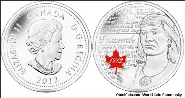 Canada, 25 cents, 2012 25-cent Circulation 10-pack, Tecumseh, Coloured Coin