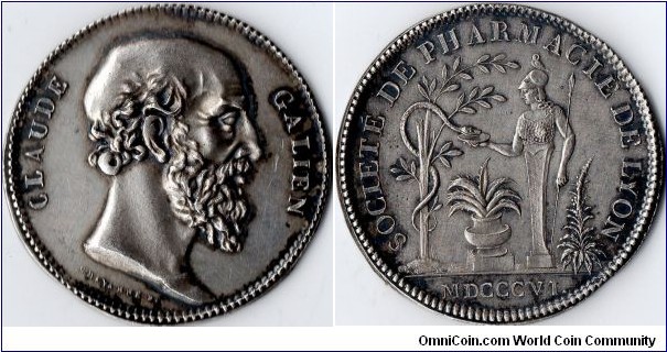 silver jeton struck for the Societe de Pharmacie de Lyon in 1806.