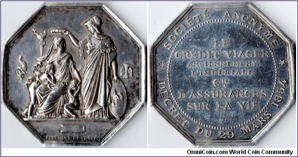 silver jeton issued for the French life assurance company `Le Credit Viager'. 