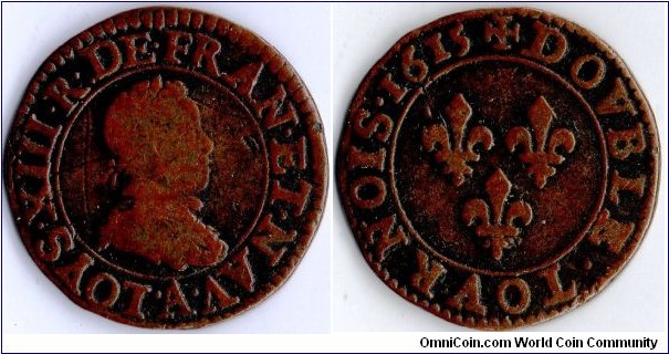 Copper double tournois minted in Paris 1615 during the early reign of Louis XIII. 