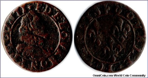 undated copper double tournois from Chateau-Renaud (scarce). Obverse: bust of Francois de Conti.
