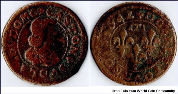 copper double tournois of Dombes dated 1642. Obverse: Bust of Gaston D'Orleans (aka Gaston De Dombes).